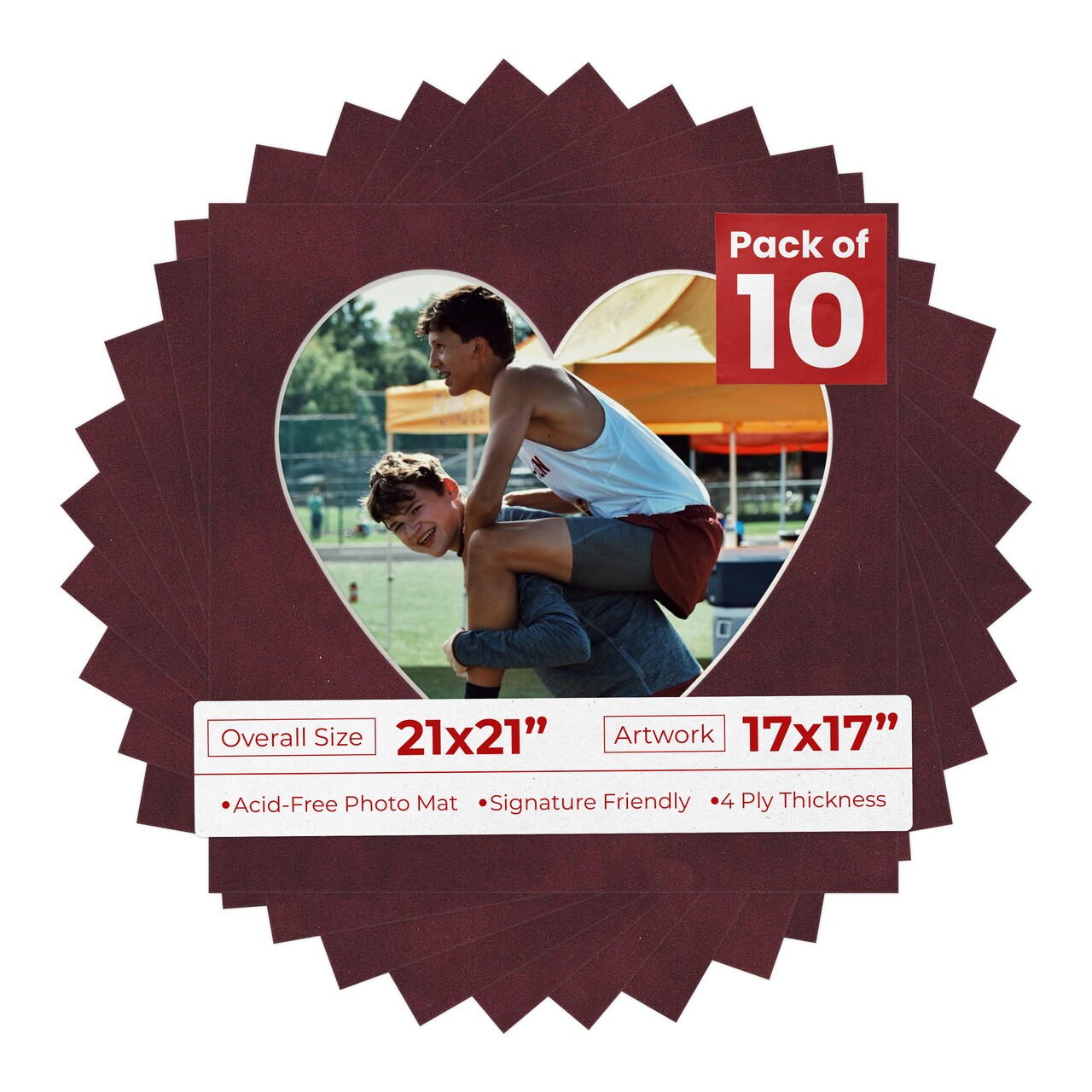 Dark Red Suede Mat Board for 21x21 Frames - Heart Opening for 17x17 Photos
